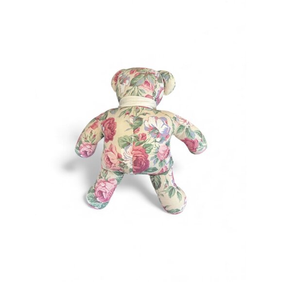 Floral Upholstered Teddy Bear With Pink Bow 15" Handmade Decorative Plush Keepsa - Picture 5 of 6